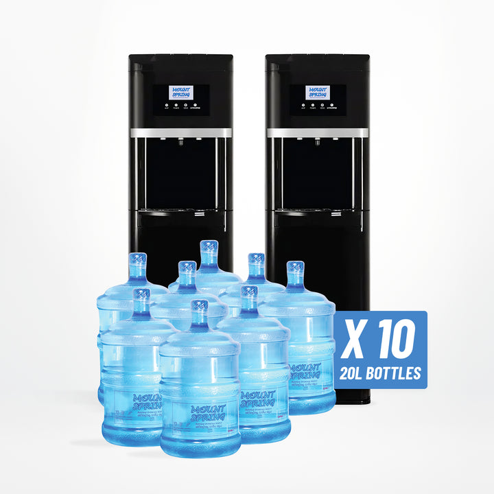 TWO Stand Type Luxury Black Water Dispensers + TEN 20L Water Bottles